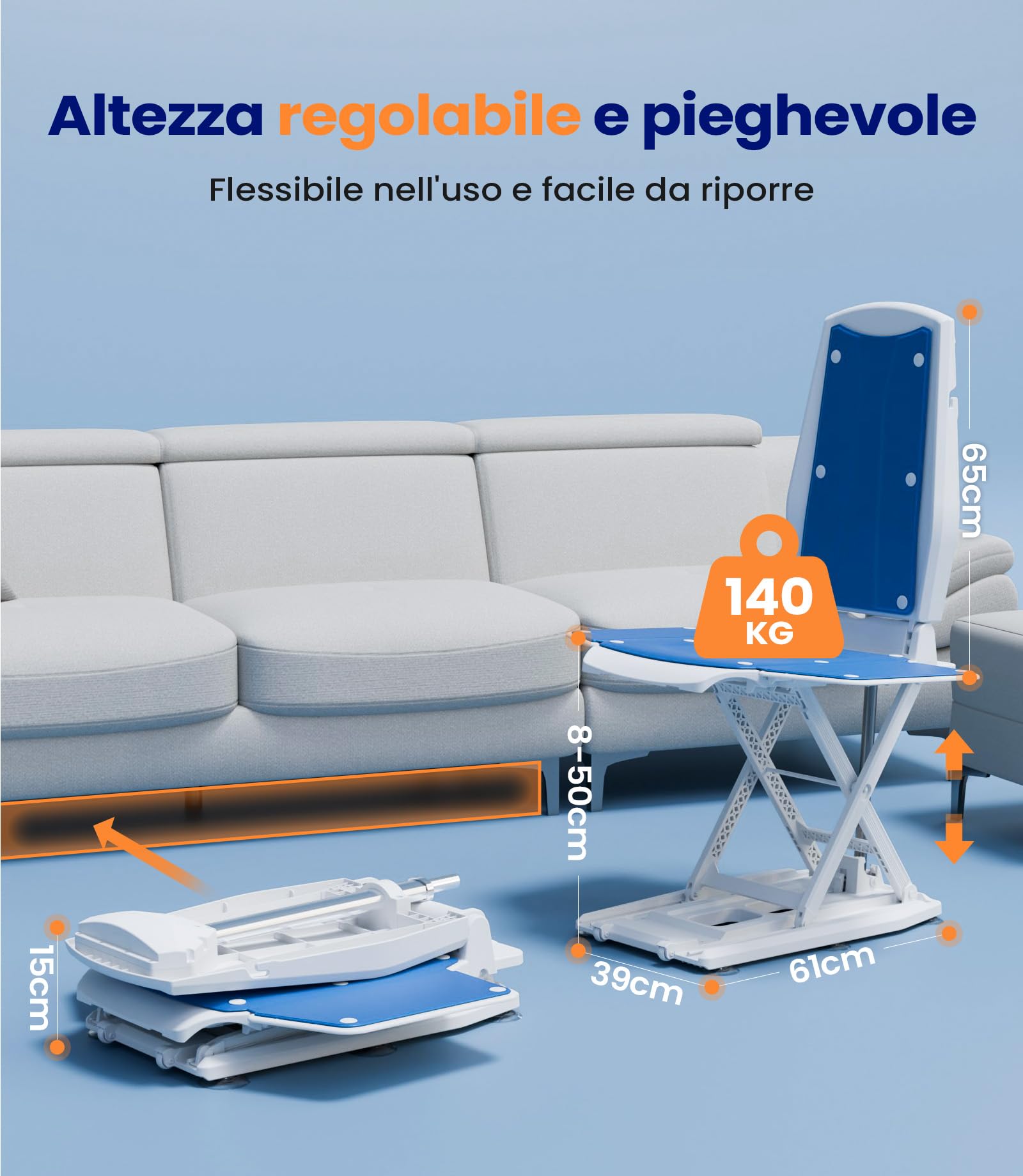 VOCIC Sedia elevatrice elettrica AX10, sollevatore mobile con ruote per alzarsi da terra, pieghevole e regolabile in altezza 0–50 cm, fino a 140 kg, aiuto al sollevamento per anziani a casa