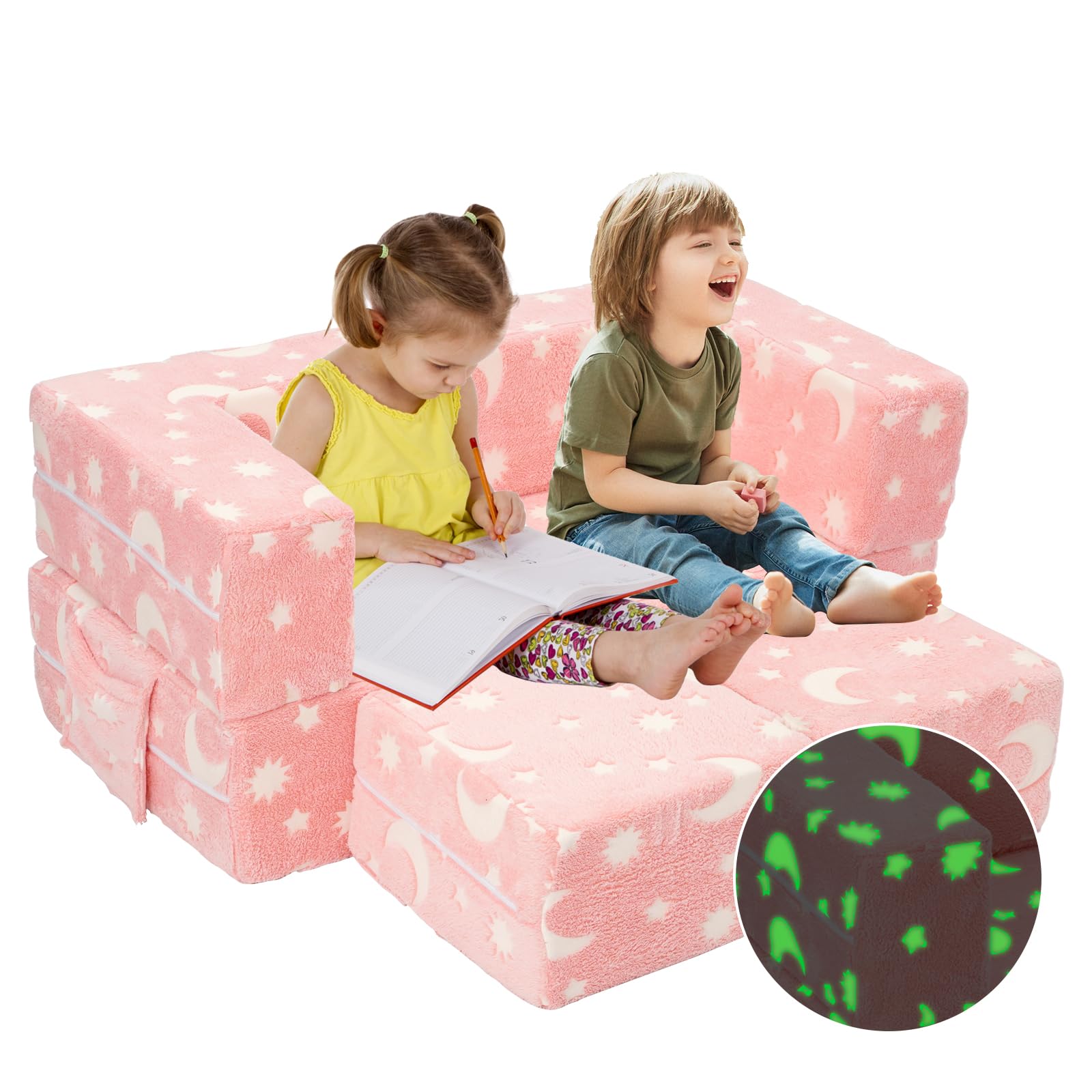 Sillón Bebe, Plegable Sofa Infantil, Sillón Infantil 2 en 1, Sofá Cama Convertible Tumbona, Silla Ancha Suave Funda Extraíble, Rosa Estampado Estrellas, Brilla Oscuridad, Regalo Día Niño Cumpleaños