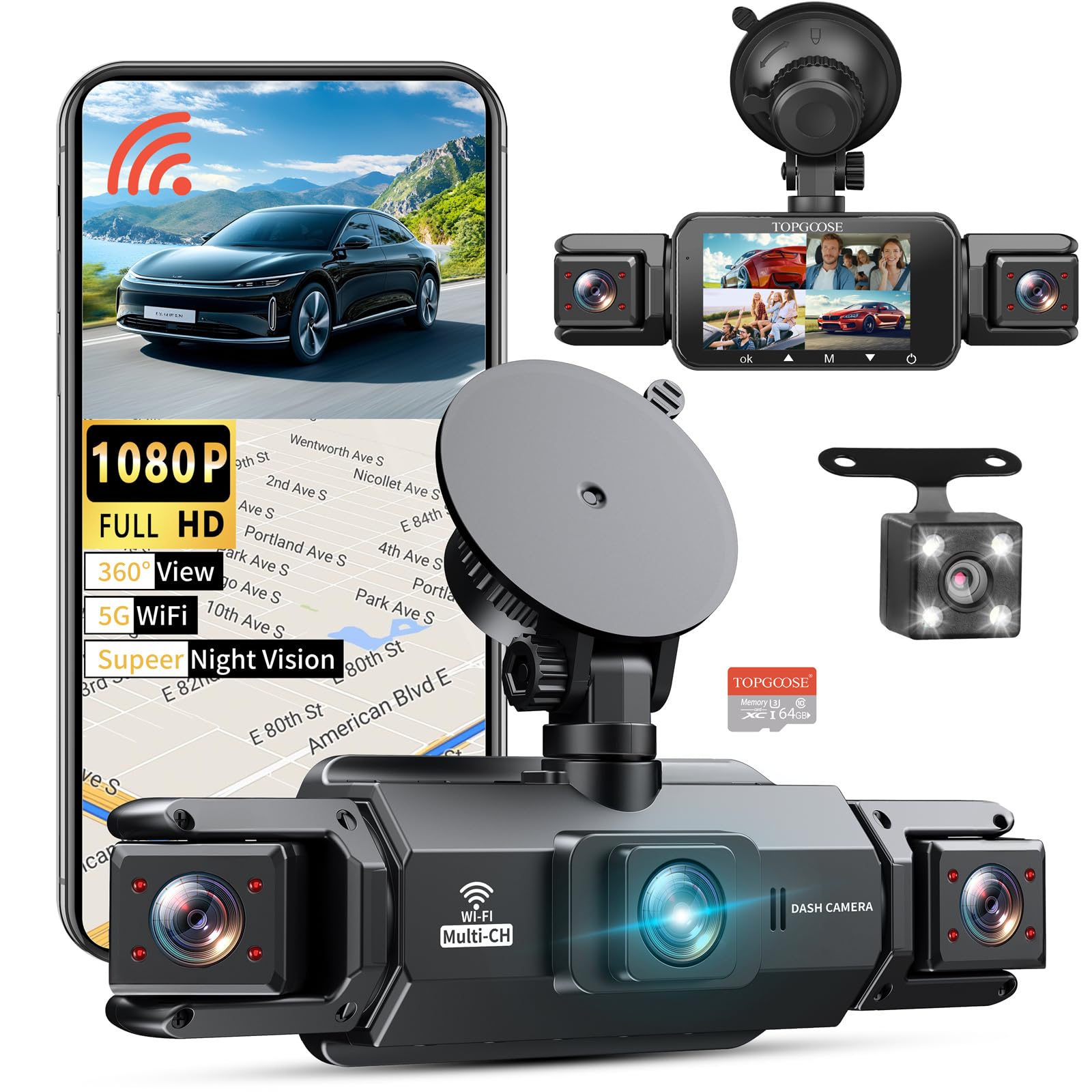 360° Dash Cam 4 Channel 5G WiFi & APP Control, Free 64GB Card, TOPGOOSE 2K FHD Front and Rear Inside, Left Right Dash Camera for Cars, G-Sensor, Loop Recording, 24H Parking Mode-image-20