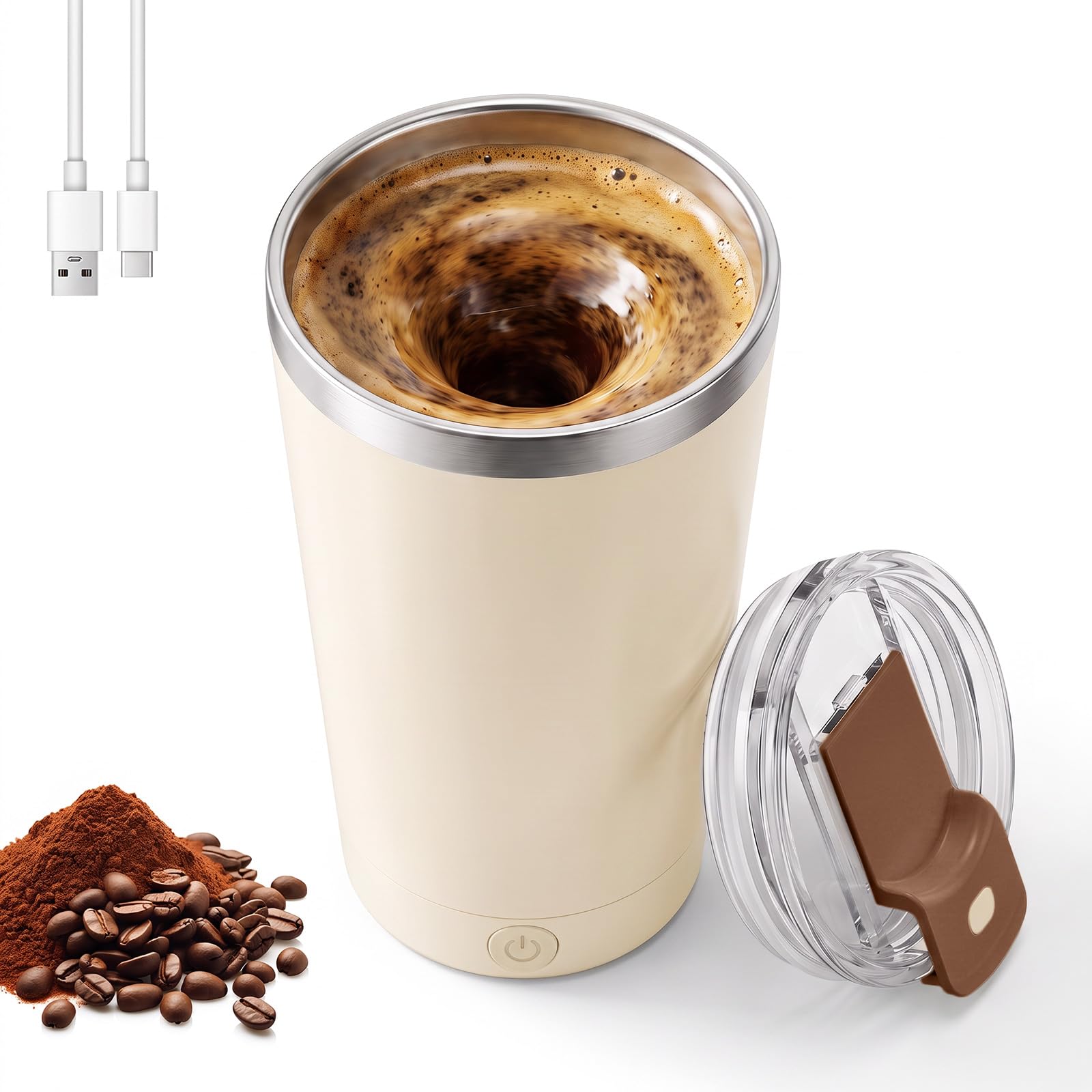 Self Stirring Mug - Travel Coffee Mug, 400ML Smart Tumbler 316 Stainless Steel, Insulated Coffee Cup TPYE-C Rechargeable, Stirring Cup with Detachable Magnetic Base for Office Travel (Cream, 8.5×15cm)