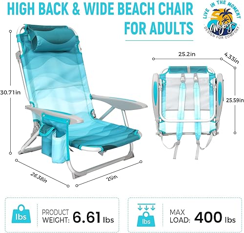 Miniatura 3 de #WEJOY Silla de playa para adultos, posición ajustable reclinable, plana, ligera, plegable, portátil, silla de aluminio con correas para mochila,