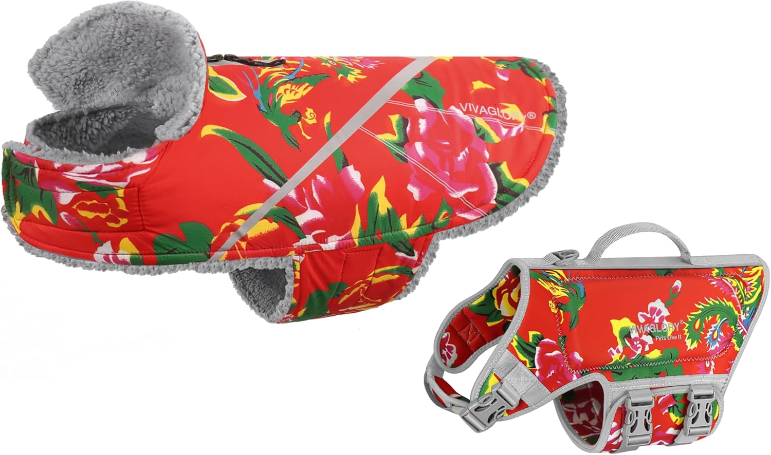 VIVAGLORY Lightweight Dog Life Jacket + Warm Dog Fleece Vest Jacket with Two-Way Zipper Opening, Neoprene Skin-Friendly, Northeast Florals