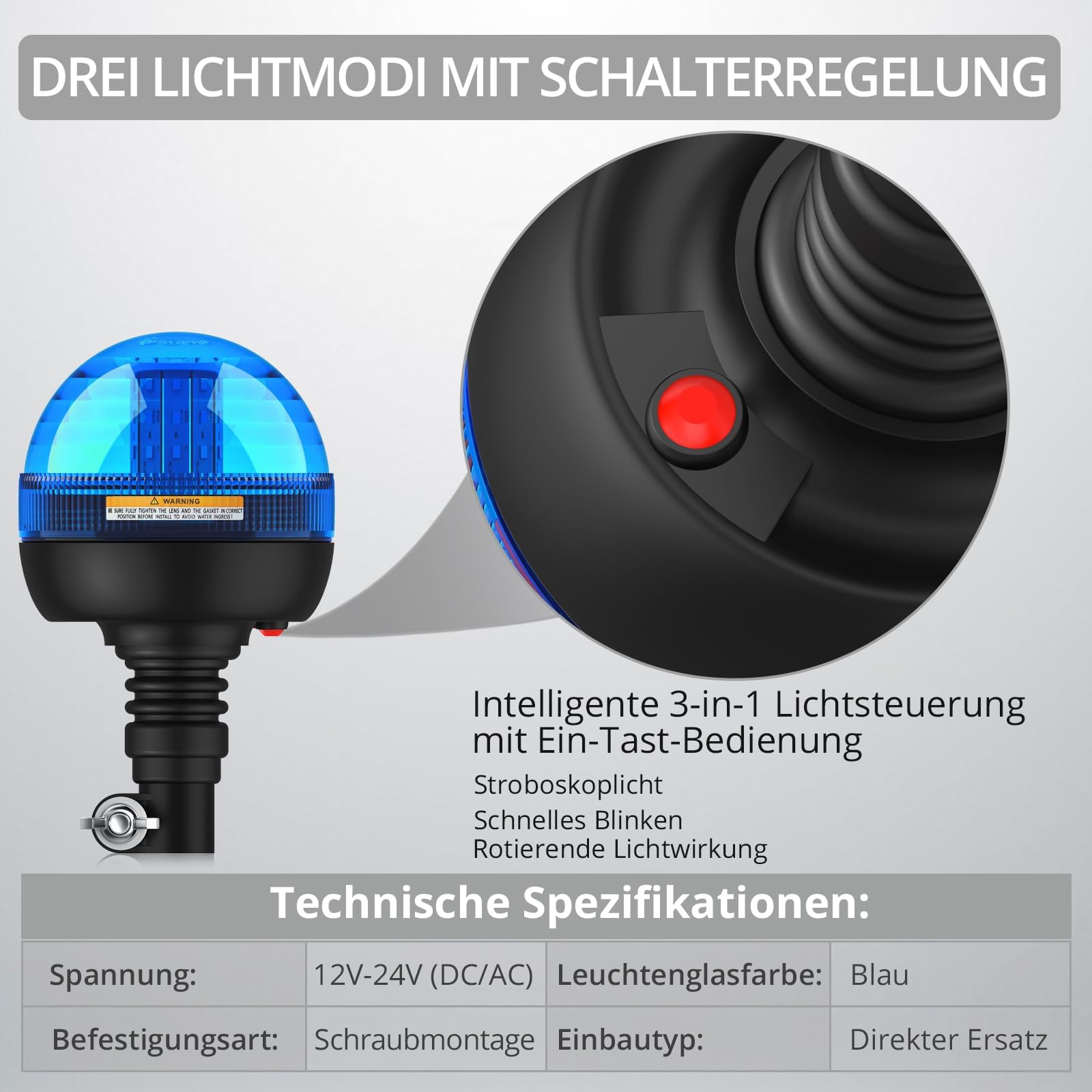 Justech 2 X Luce Lampeggiante Stroboscopica 40LED 12V/24V Impermeabile con 3 Modalit¨¤ Illuminazione Avviso di Lampeggiamento Palo DIN Arancione per Rimorchio Trattore Camion-Blu