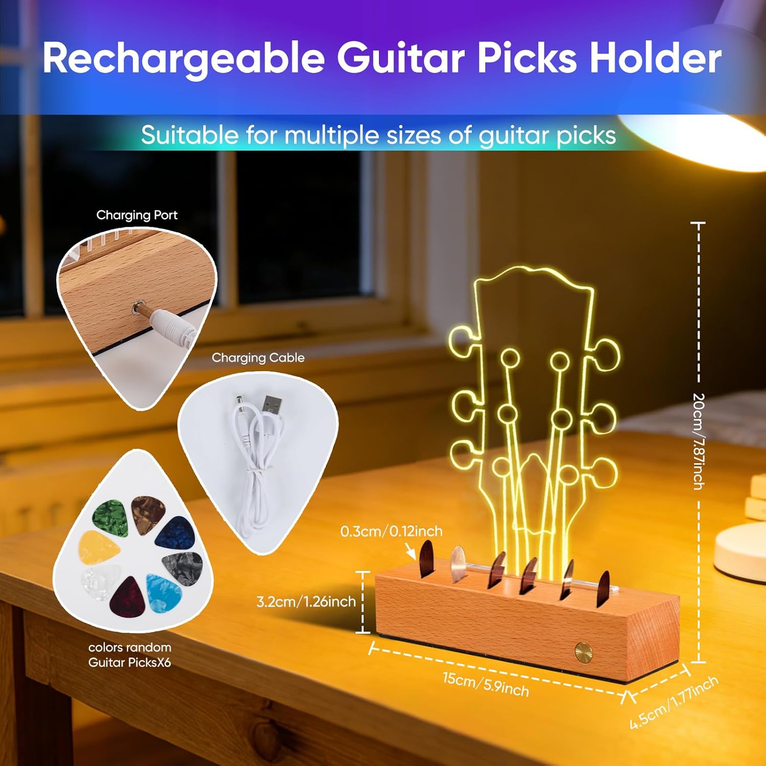 Light Up Guitar Pick Holder: Rechargeable Picks Display Case with Light Touch Contorl - Guitar Pick Storage Box with 6 Guitar Picks Guitar Accessories for Bass Ukulele (Classic Headstock)