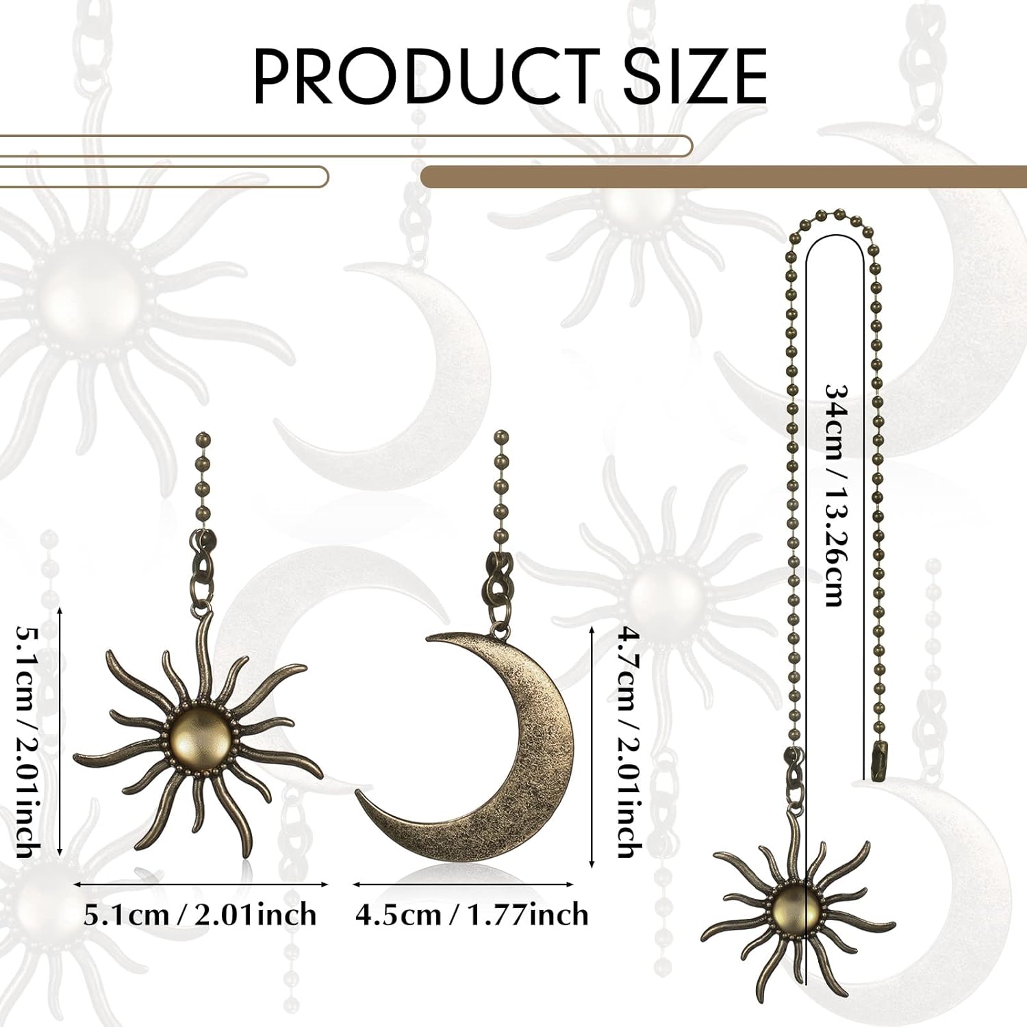 Hortsun 4 Pieces 13 Inch Vintage Ceiling Fan Pulls Chain Copper Totem Pull Chain Pendant Extension Sun Moon Beaded Ball Fan Extender Ceiling Pendant with Connector Ornaments for Light