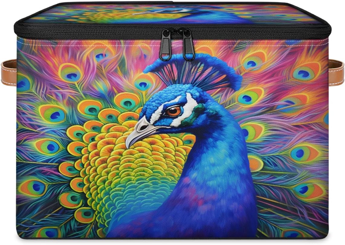 Storage Bin Set of 2 Peacock Feather Storage Basket with Zipper Lid & Handle Foldable Closet Shelf 2 Pack Cloth Organizer Basket Cube Bins Clothes Organizer for Bedroom, Nursery