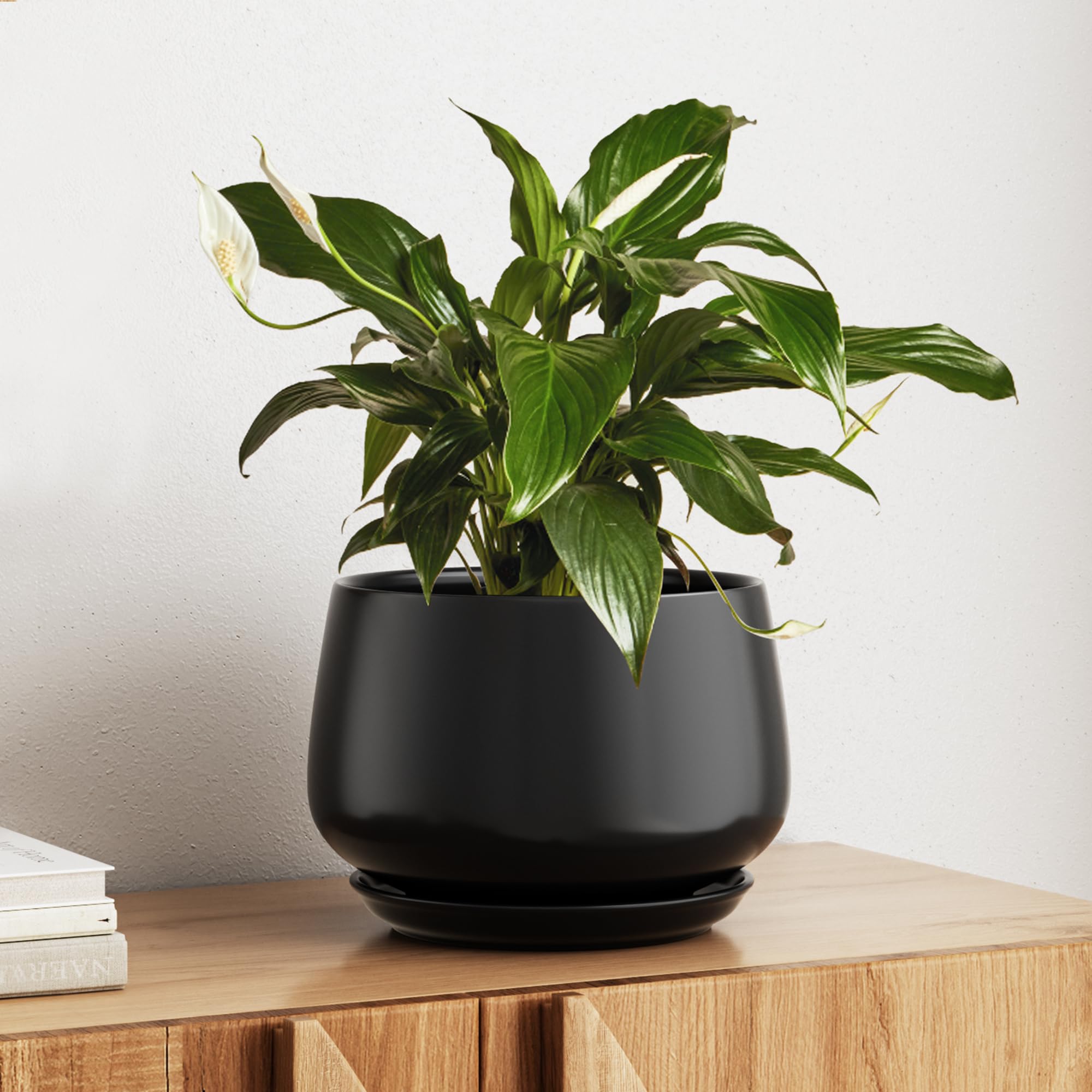 LE TAUCI Blumentopf Keramik mit Integrierter Untersetzer, 25 cm, Schwarz