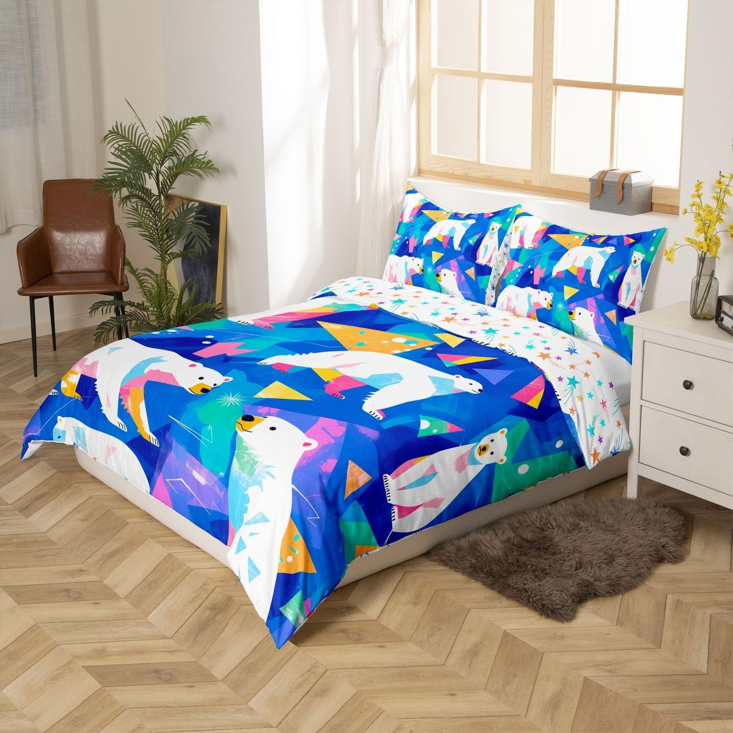 Manfei Polar Bear Duvet Cover Toddler Size,Cartoon Actric Animal Kawaii Bedding Set 2 Pcs for Boys Girls,Colorful Triangles Geometric Patchwork Comforter Cover(No Filler)