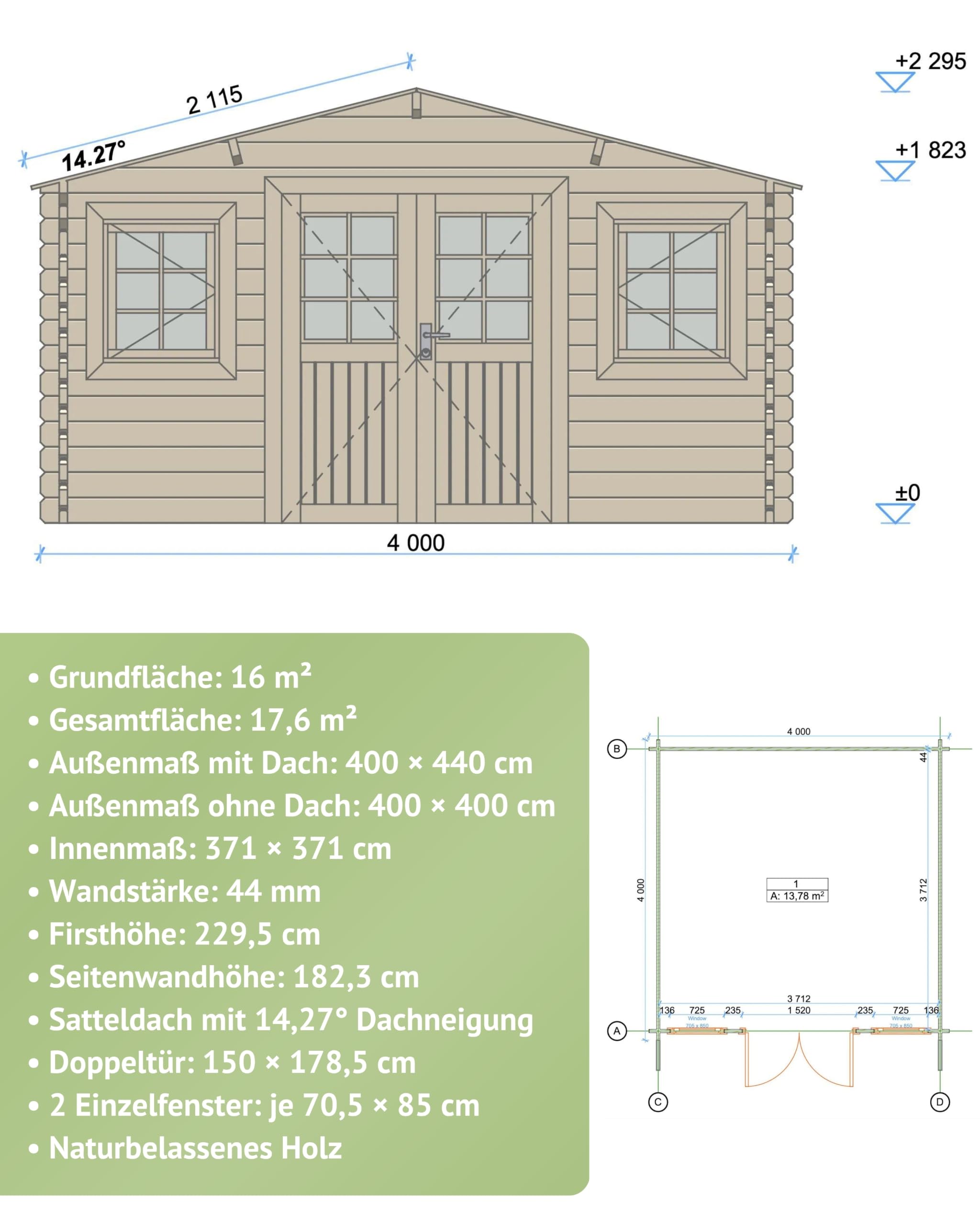 Steiner Shopping Gartenhaus Wiesencharme 01 I 44 mm Blockbohlenhaus aus naturbelassenem Holz I Außenmaß 400 x 440 cm I Großzügiges Gartenhaus mit Satteldach, Doppeltür & 2 Fenstern