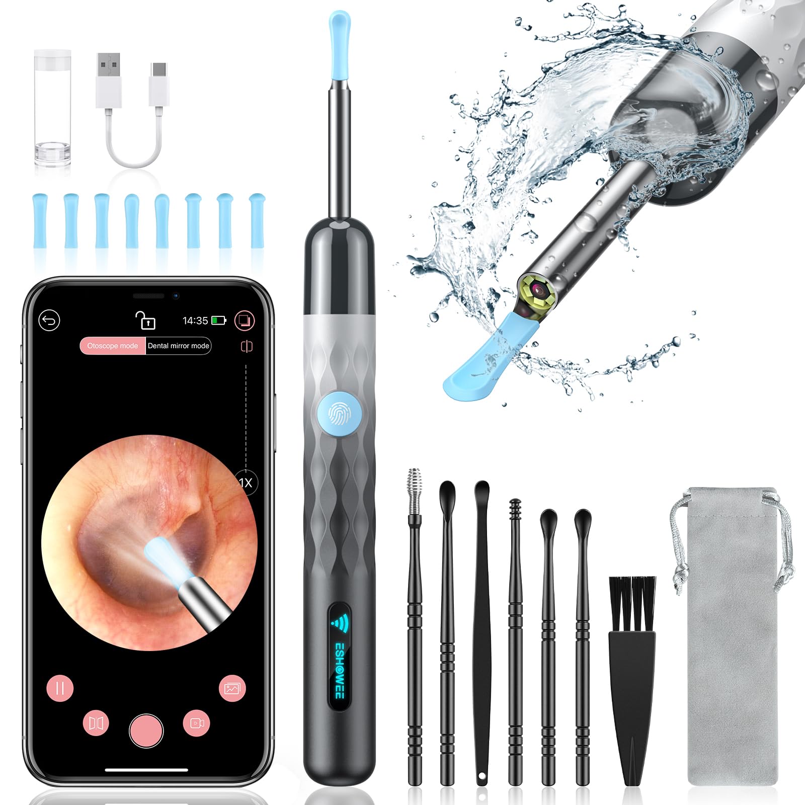 ZUPORA Ear Wax Removal, Ear Camera with 1440P HD, Ear Cleaner with Camera Built-in WiFi, Earwax Removal Kit with 6 Ear Pick, Otoscope with Lights, Ear Cleaning Kit for Android and iOS (Black)