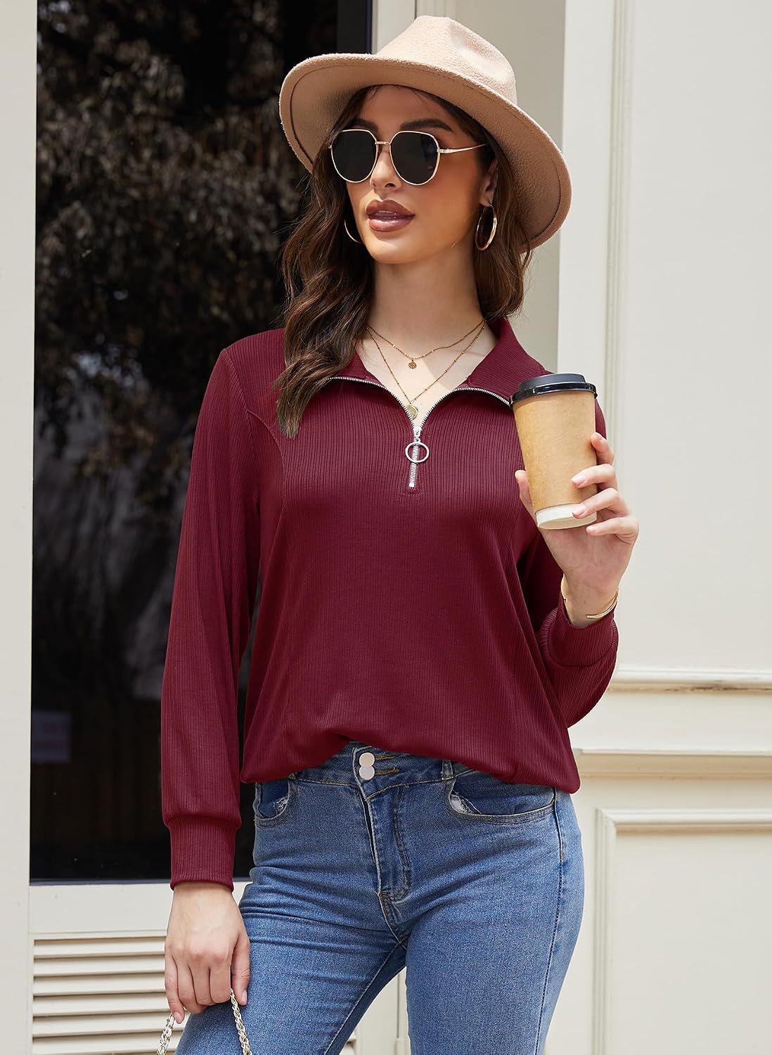 Bulotus Womens Half Zipper Sweatshirt Ribbed Knit Long Sleeve Tops Lapel Casual Lightweight Sweatshirts Loose Pullover