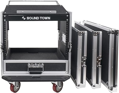Miniatura 10 de Sound Town Estuche ATA de audio PA DJ Pro de 14U con cajón de 2U, mezclador inclinado de 11U, mesa de trabajo para DJ, ruedas, grado Pro Tour