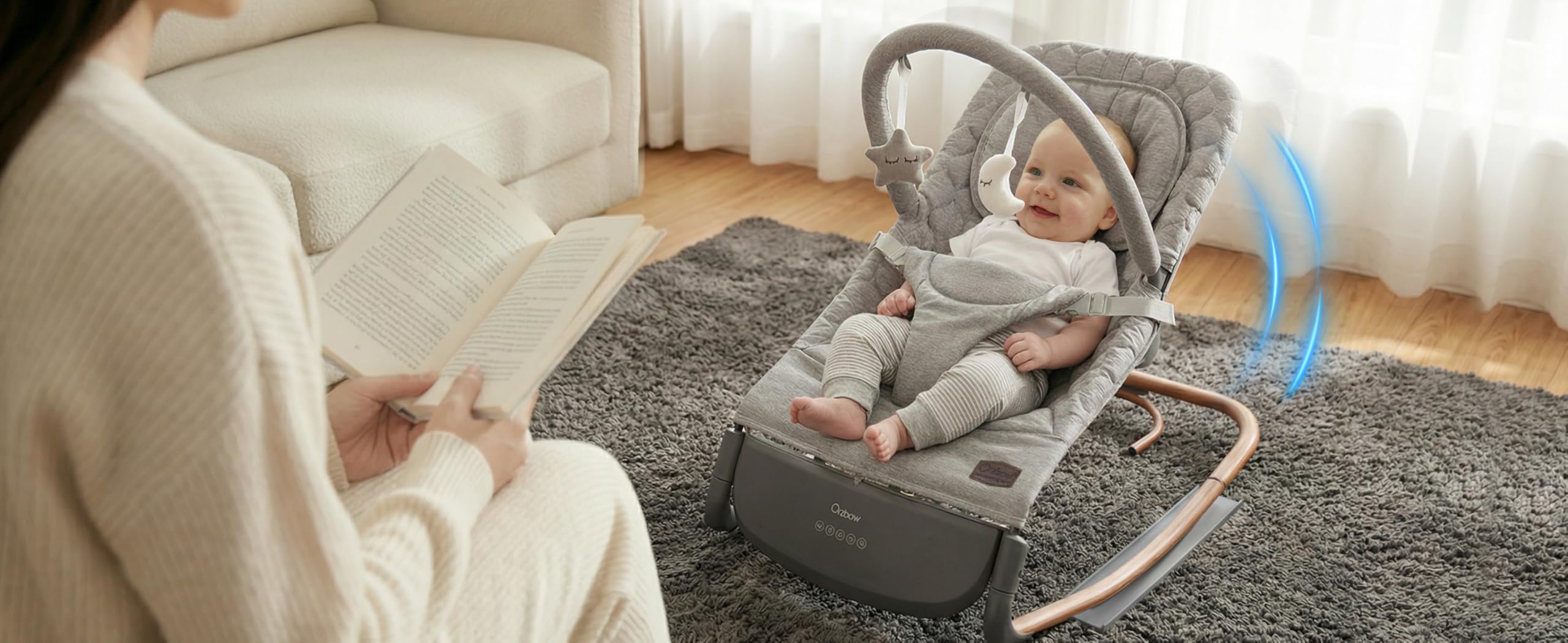 Hamaca Mecedora Bebé Electrica con Sensor de Golpe, 3 Velocidades & Panel Táctil, Temporizador (30/60 Min), 8 Nanas, Volumen Ajustable, para 0-12 Meses, Hasta 18 kg, Gris Perlado
