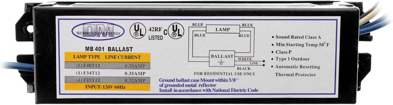 DM Technology & Energy MB-401 Electronic Fluorescent Ballast, 1-Lamp, T12 F40T12, 40W, 120V