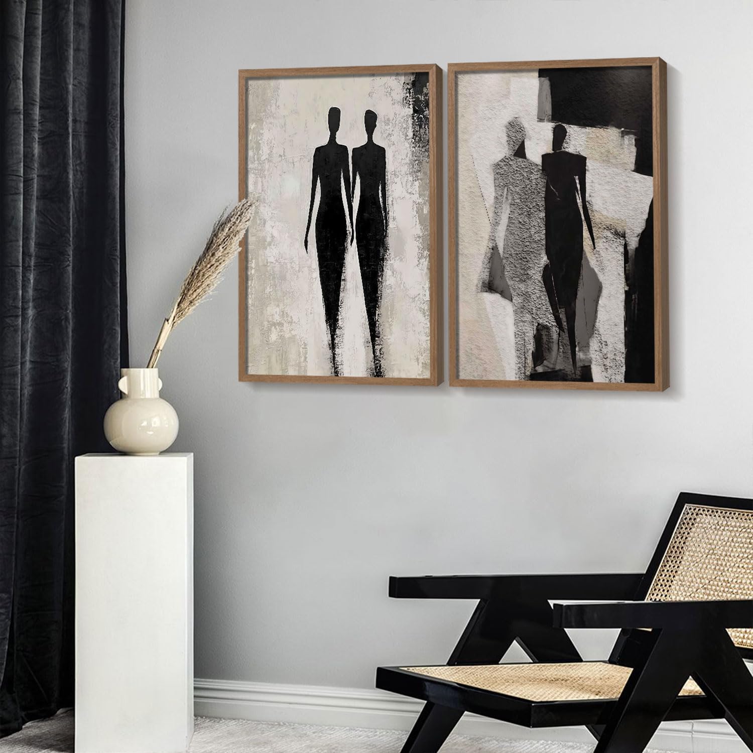 2 Pcs Framed Abstract Figure Wall Art Modern Black and White Minimalist Canvas Prints for Living Room Bedroom Bathroom Studio 12x16 Inch Ready to Hang