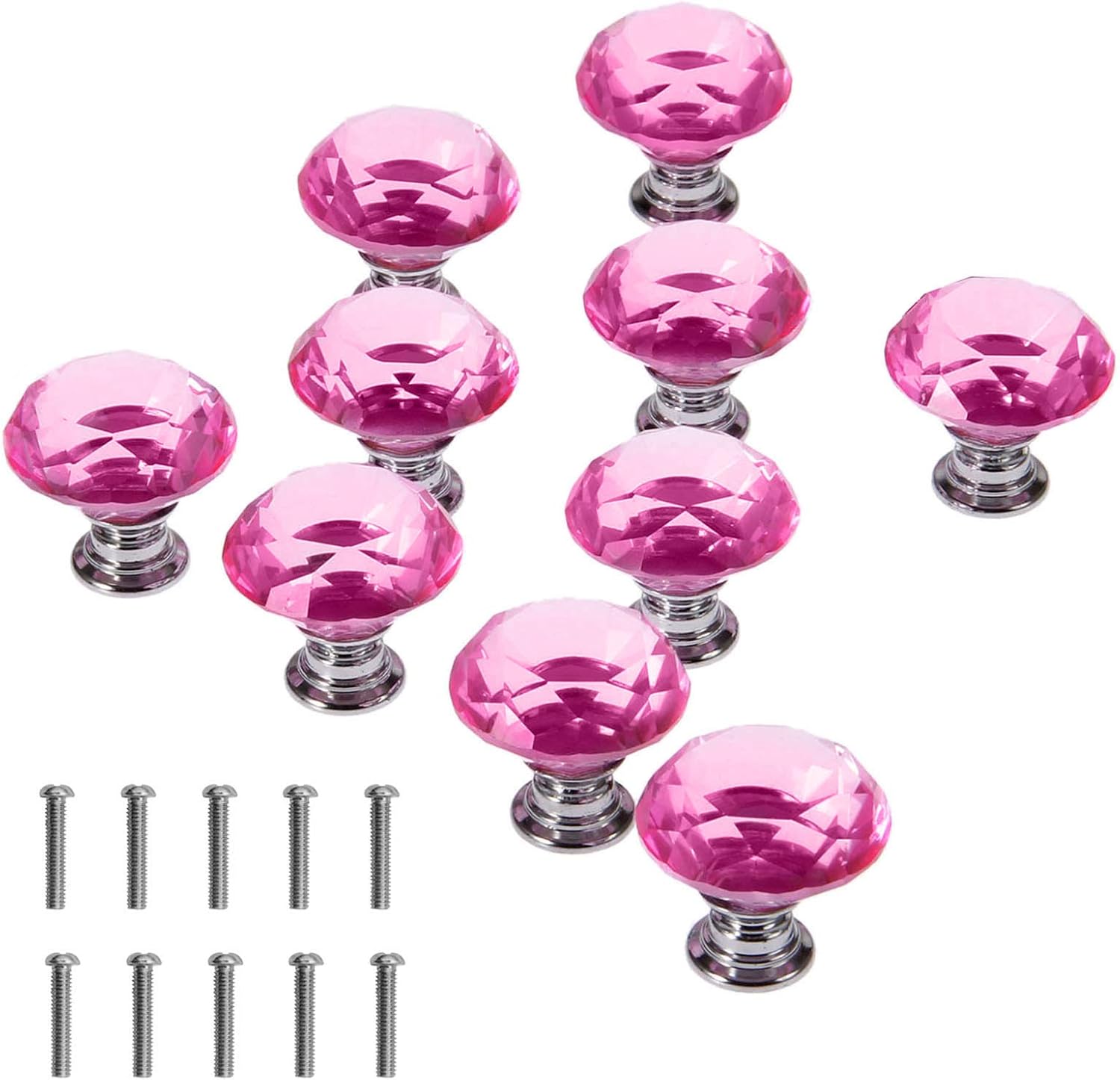 Crystal Glass Cabinet Knobs, 30mm Diamond Shape Drawer Pulls Handles, White Clear Crystal Glass Cabinet Knobs for Kitchen Cabinets Dresser Cupboard Wardrobe Pulls Handles(Pink, 10 Pack