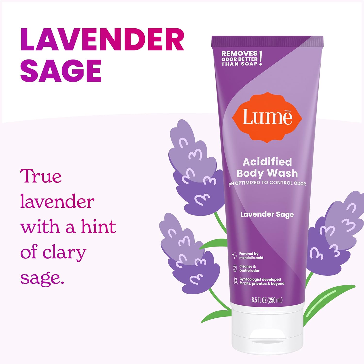 Lume Acidified Body Wash - 24 Hour Odor Control - Removes Odor Better than Soap - Moisturizing Formula - Formulated Without SLS or Parabens - OB/GYN Developed - 8.5 ounce (Pack of 2) (Lavender Sage) - Image 3