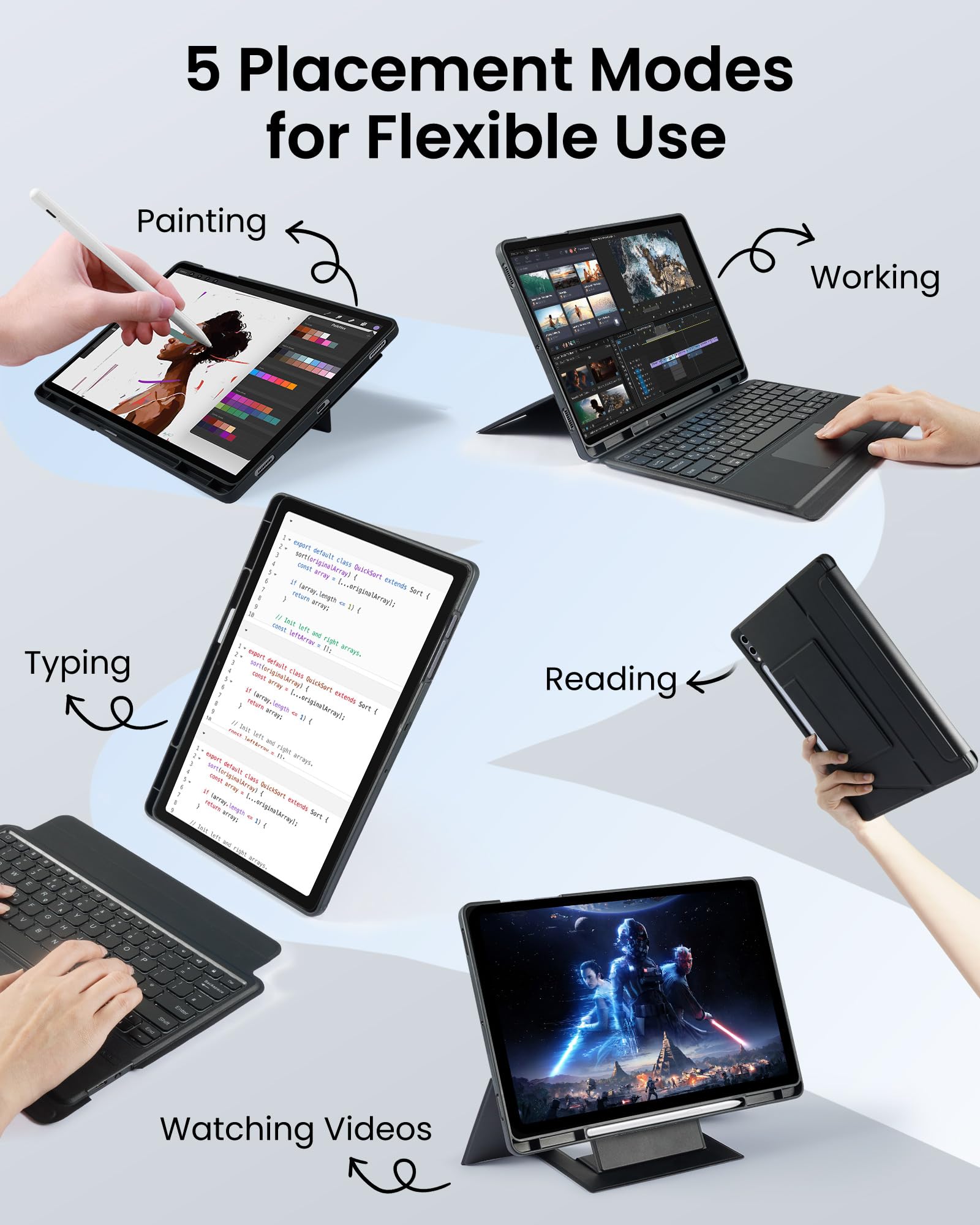 SOPPY Funda con teclado giratorio retroiluminado con trackpad para Samsung Galaxy Tab S10+/S9 FE+/S9+/S8+/S7+/S7 FE de 12.4 pulgadas, retroiluminación de 7 colores, funda delgada con teclado