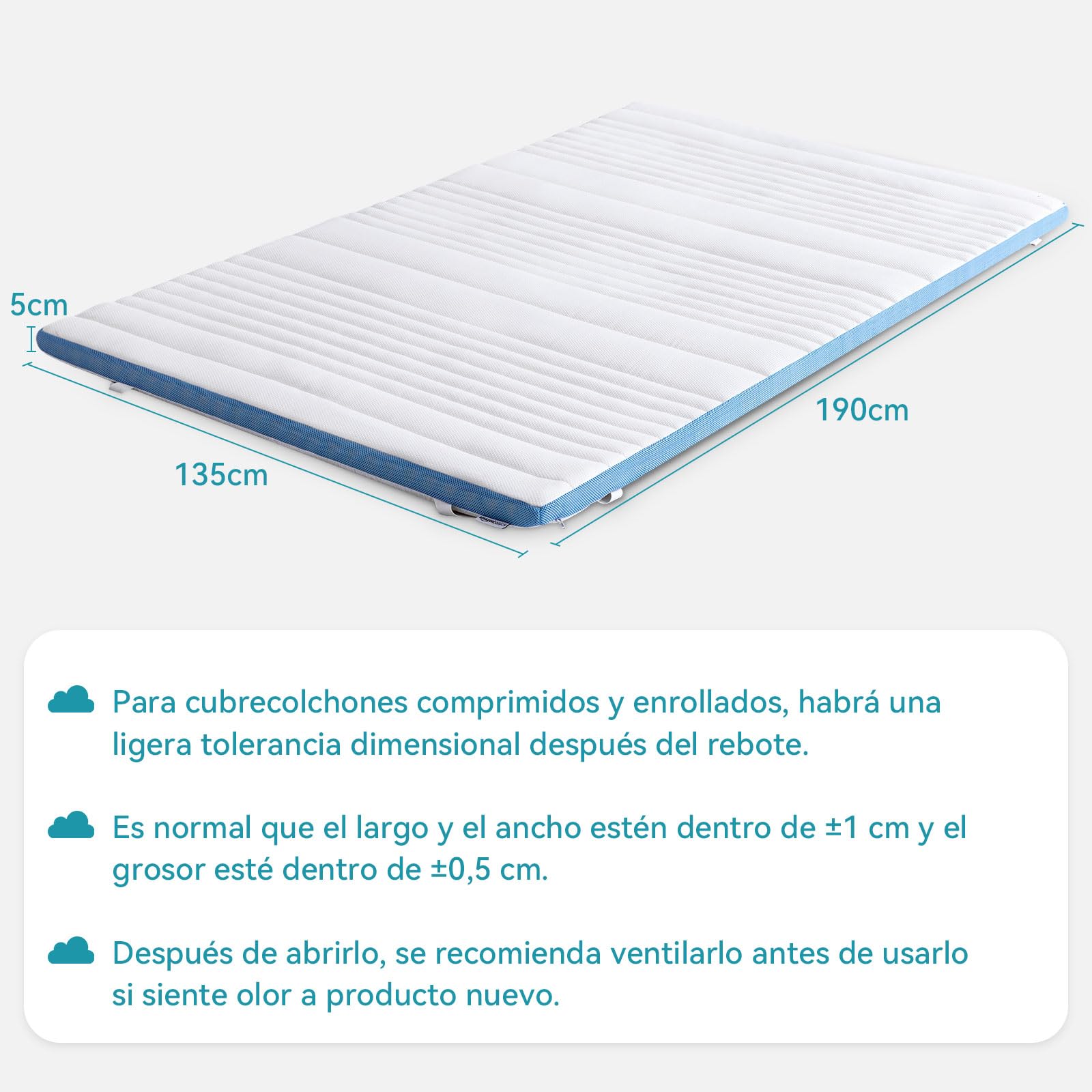 Amazon Basics Colchón de Espuma viscoelástica Topper con memoria con Funda removible y lavable, 135 x 190 cm, 5 cm, Blanco