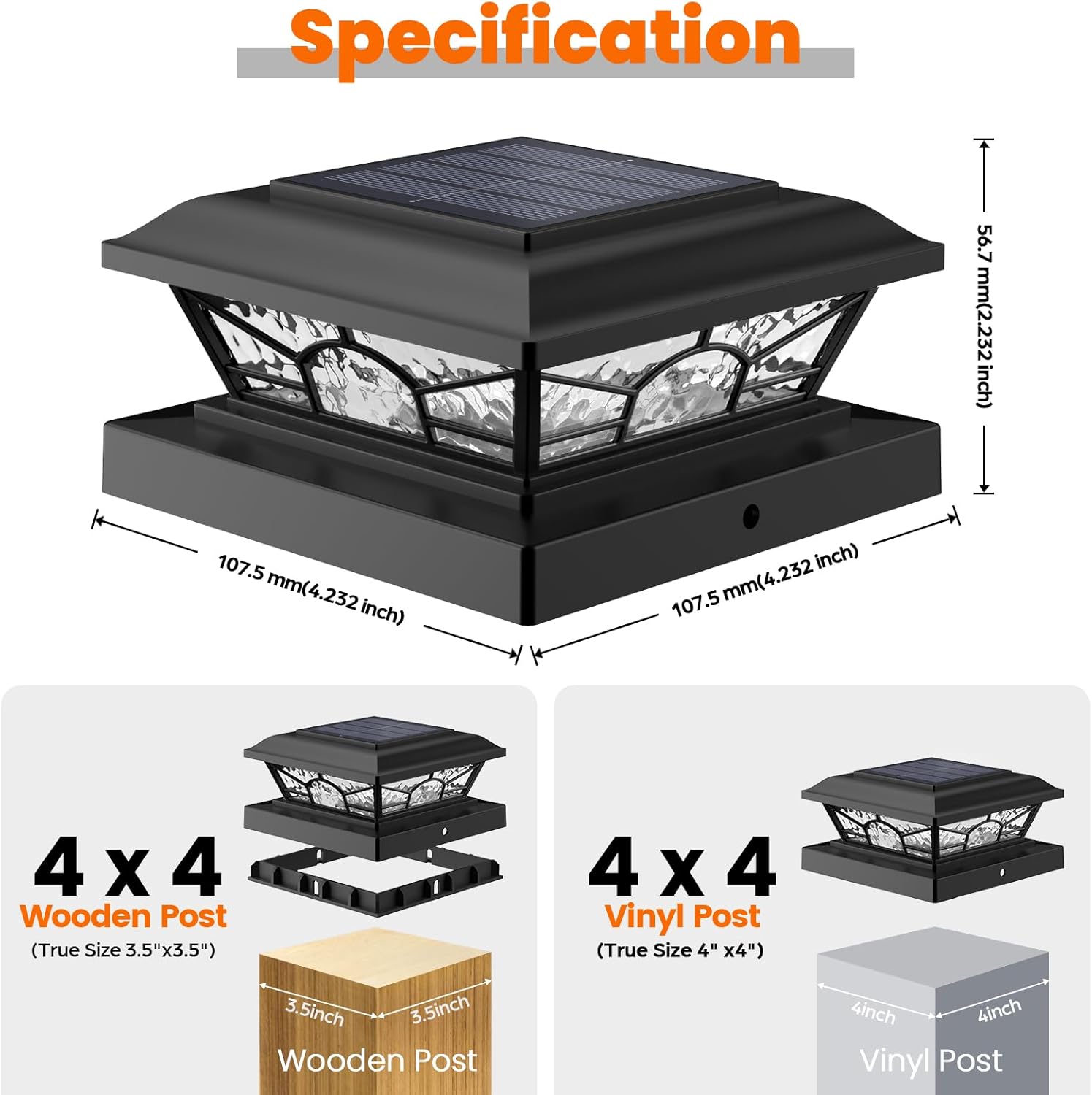 Brightever 4x4 3.5x3.5 Solar Post Cap Lights, 4-Pack Solar Powered Fence Post Light Outdoor Waterproof for Vinyl/Wooden Post, 2 Modes(Warm/Cool Light), Black Solar Deck Post Lights for Patio, Porch