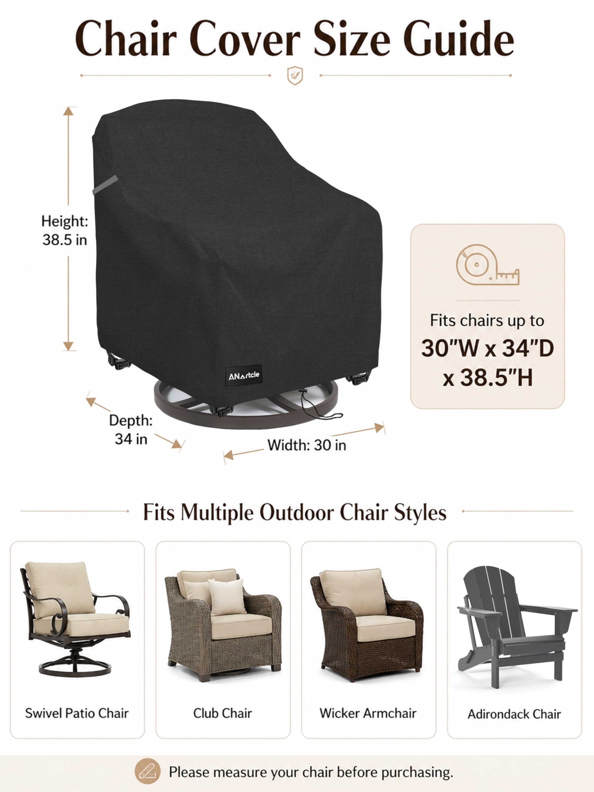ANartcle Lot de 2 housses de chaise pivotantes imperméables et résistantes pour meubles d'extérieur (76,2 x 86,4 x 97,5 cm) - Noir.