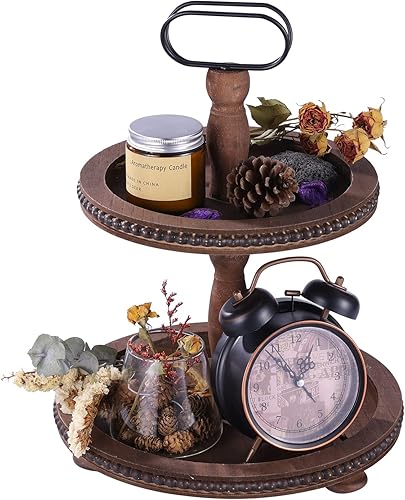 Urban Deco Bandeja Decorativa de Madera de Dos Niveles Bandeja de Decoraciones Bandeja Redonda para Servir con Mango de Metal, Soporte de Madera