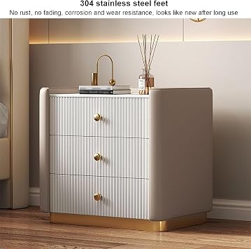 Luxury 3-Drawer Bedside Cabinet,Modern Minimalist Nightstand with Elevated Stone Top & Solid Wood Frame,Faux Leather Bedside Table for Bedroom Living Room,Beige,Gray1,50x40x52cm(20x16x20inch