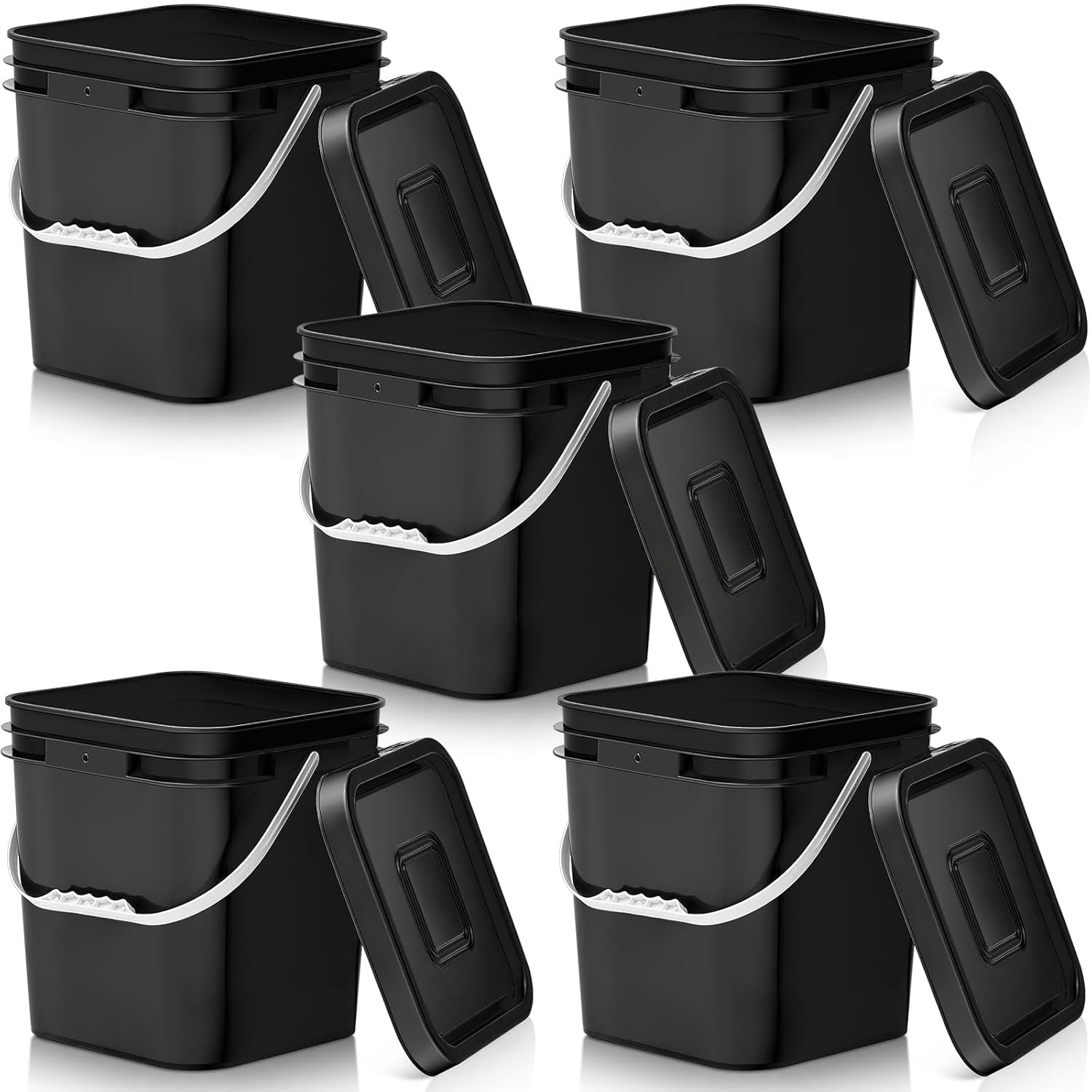 Mumufy 5 Pcs 3.5 Gallon Square Food Grade Bucket with Lid Square Bucket Pail with Plastic Handles for Storing Dry Food, Charcoal, Camping, Fishing (Black) Black 5
