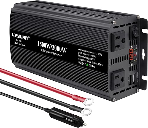 Miniatura 1 de LVYUAN Inversor de corriente de 1500 W CC 12 V a 110 V CA para coche 12 V con pantalla digital salidas de CA dobles y puertos de carga USB duales