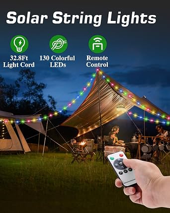 Anpro Solar Camping String Lights 4 in 1, 32.8Ft Ultra Long Multi-Color LED String, 3600mAh Solar Powered and USB Rechargeable Light with Remote Control, Portable Camping Light for Hiking, Decoration