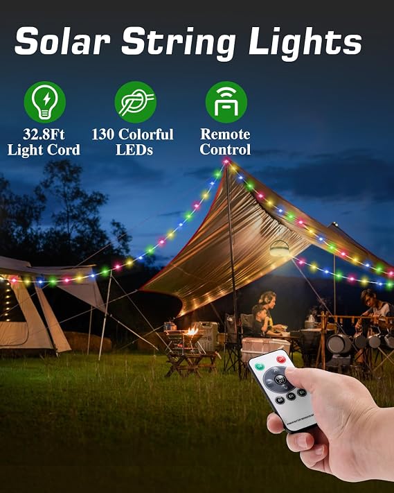 Anpro Solar Camping String Lights 4 in 1, 32.8Ft Ultra Long Multi-Color LED String, 3600mAh Solar Powered and USB Rechargeable Light with Remote Control, Portable Camping Light for Hiking, Decoration