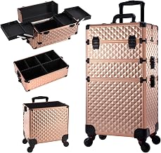 3 in 1 Makeup Case, Professional Makeup Case with Wheels, Nail Manicure Hairdressing, Lockable Aluminium Frame, Rose Gold