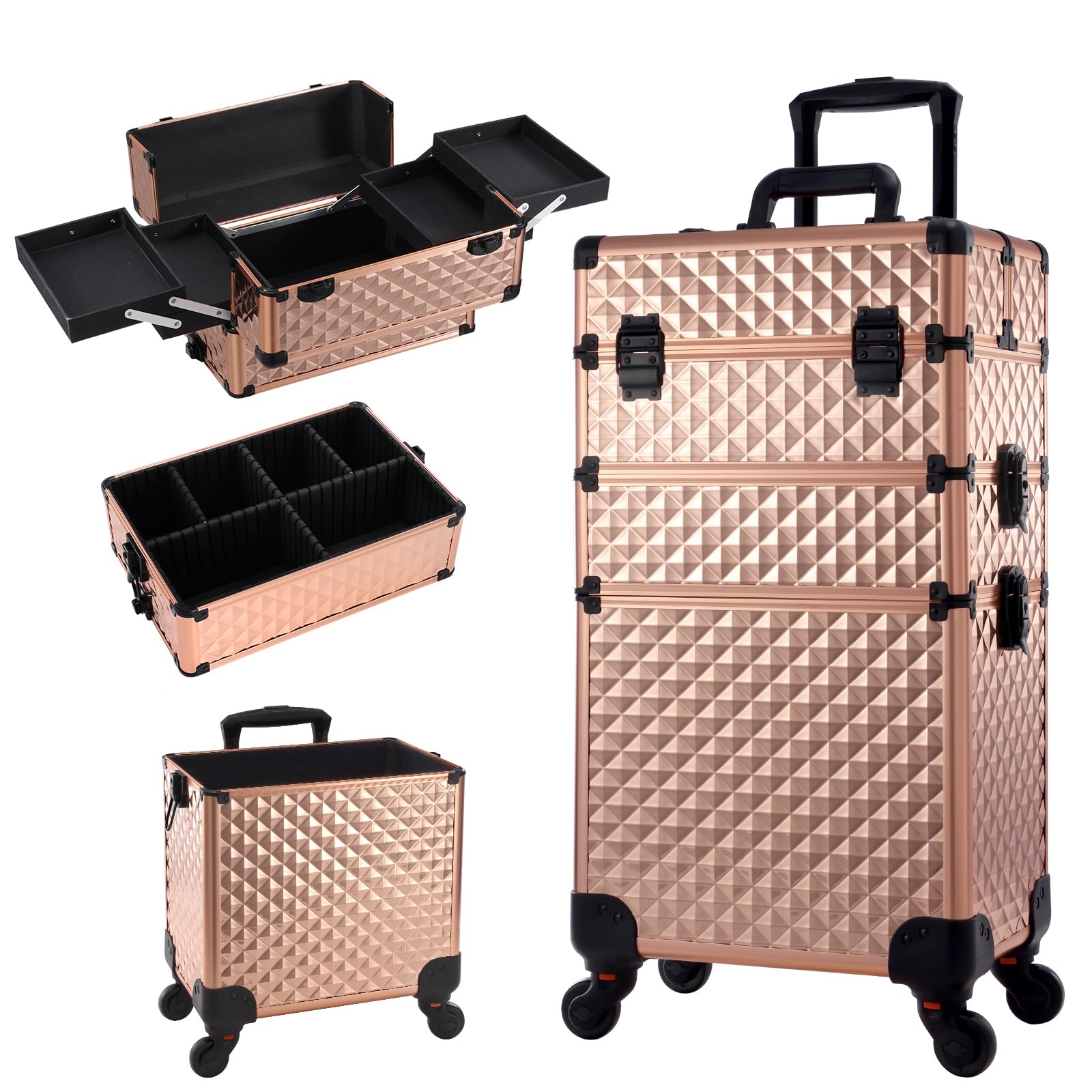 Kosmetik Trolley 3-in-1 Make up Koffer Kosmetikkoffer Schminkkoffer Groß Friseurkoffer mit Rollen Beauty Case Nagelkoffer Multikoffer, Rosegold