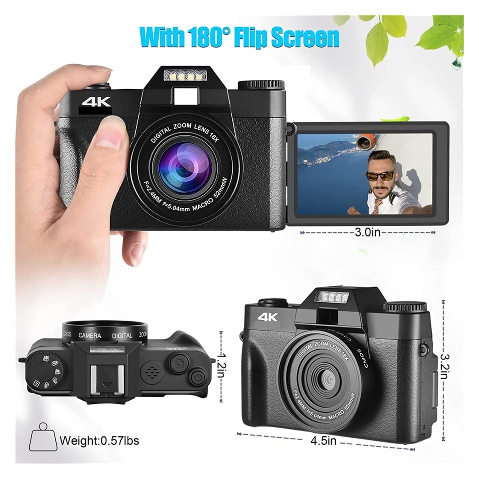 Caméra vidéo Caméscope Appareil Photo numérique 48MP Caméscope 4K Vlog 3.0quot;Webcam Selfie à écran Rabattable 180 ° for Objectif Macro Grand Angle(64G TFCard,with Lens Filter)