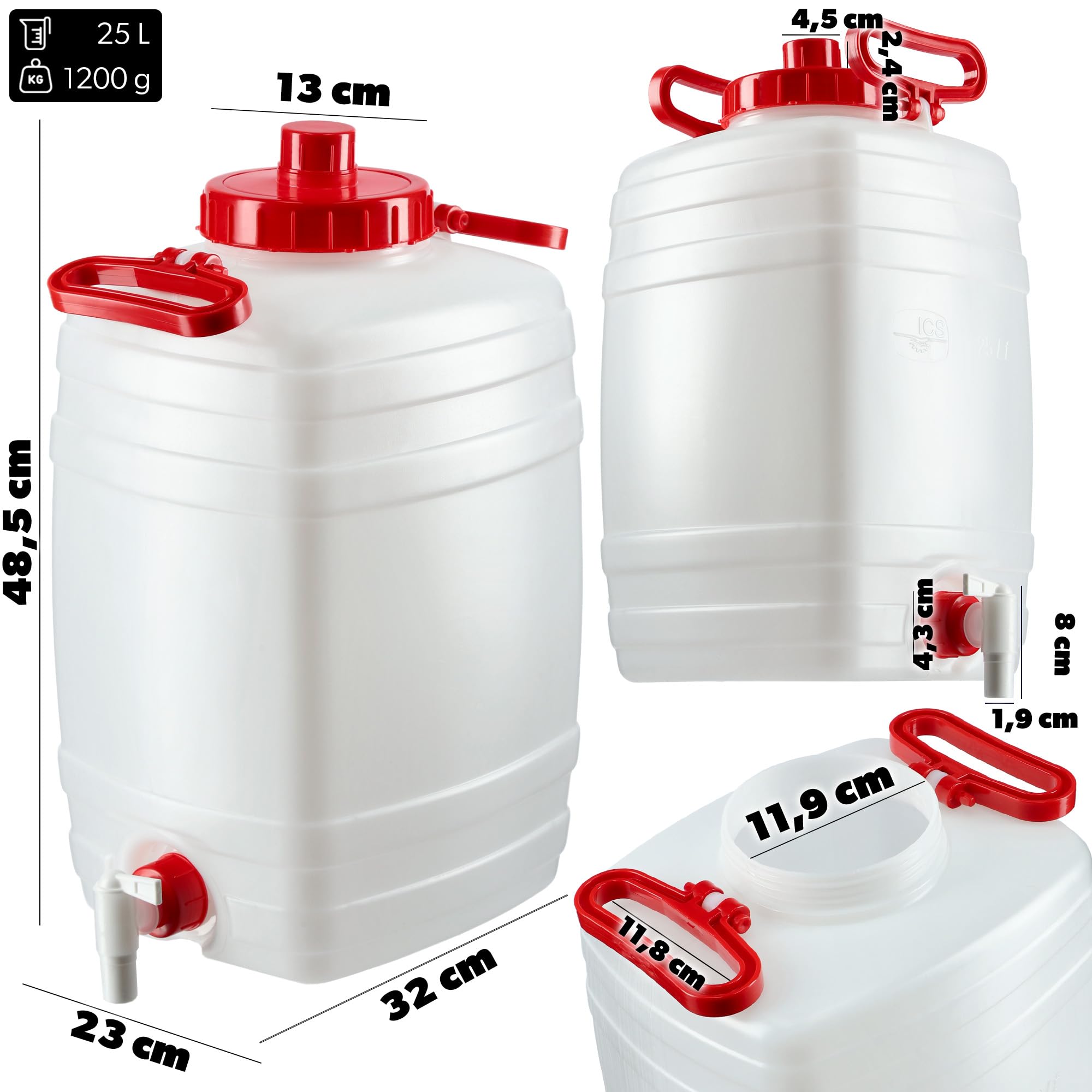 KADAX Bidón de agua, barril para bebidas de plástico, bidón de agua potable, depósito de agua con grifo, recipiente de agua, bidón para bebidas con junta de goma (25 L, blanco)