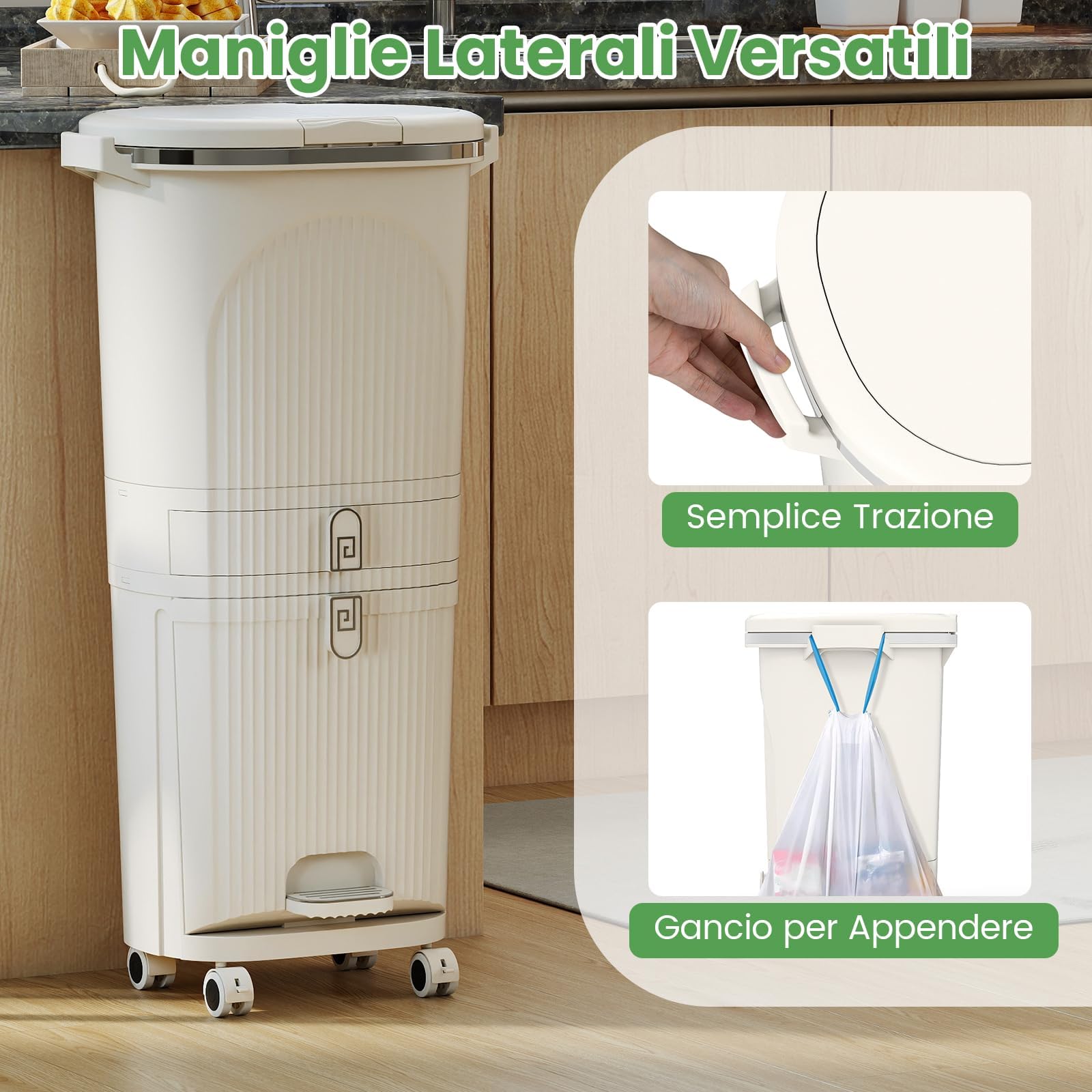 RELAX4LIFE Pattumiera Differenziata con 3 Secchi Rimovibili, Pedale, Ruote e Ganci Laterali, Cestino Salvaspazio per Cucina,Bagno (BEIGE, 42L - 3 Scomparti con Cassetto, Bicoperchio)