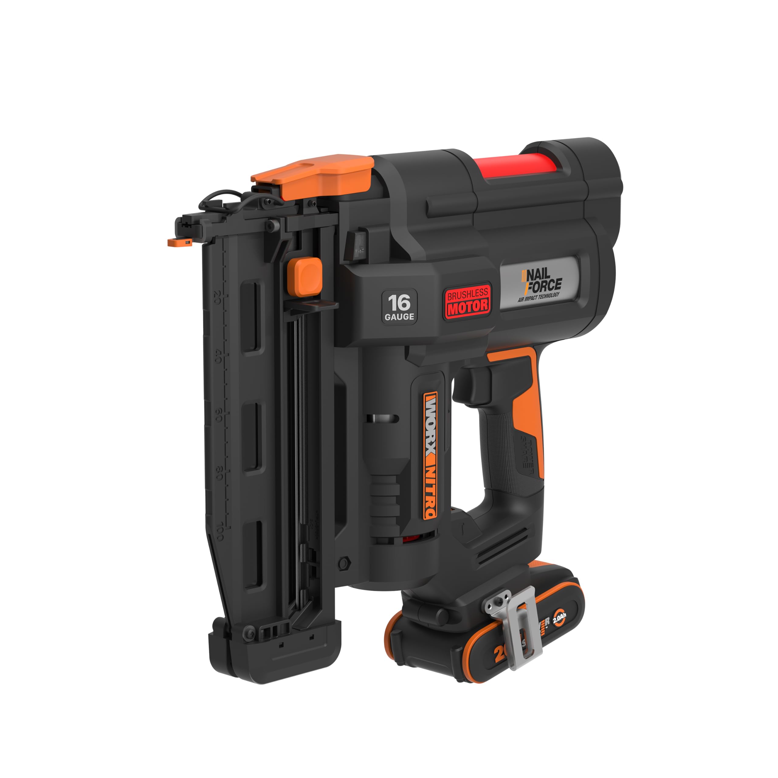 WORX WX841 Nitro – Clavadora eléctrica inalámbrica 20 V – 2 Ah – Tire hasta 80 clavos por minuto – Hasta 64 mm en la madera – Desbloqueo sin herramientas – (incluye batería y cargador| 200 clavos