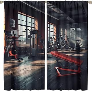 Fitness Equipment Blackout Curtains, Gym Exercise Art Modern Curtains, Retro Wooden Floor Art Gym Curtains, Boys Room Bedroom Personality Decorative Curtains 42x45in