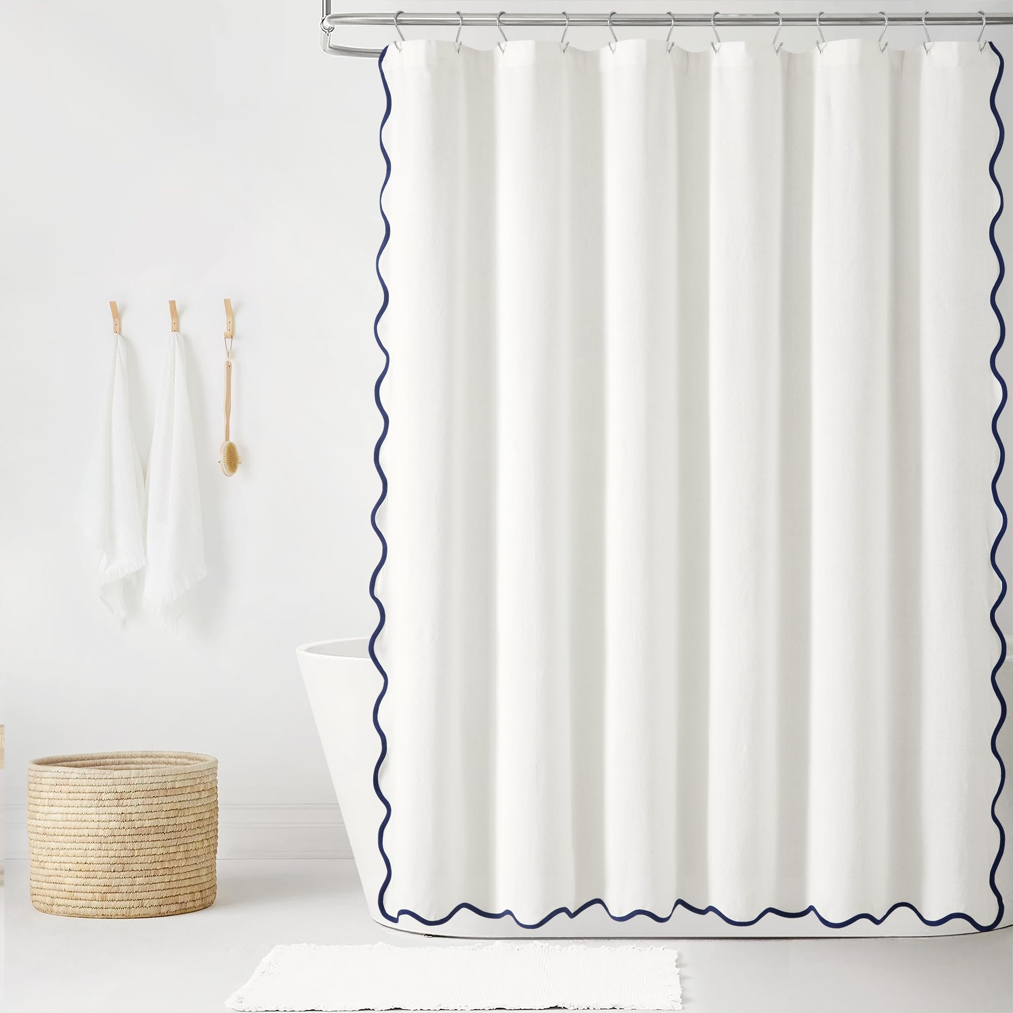 Lush Decor Coastal Chic Scallop Edge Linen Textured Shower Curtain Navy/White Single 72x72 - Elegant Affordable Luxury Chic Charm for Bathroom Decor
