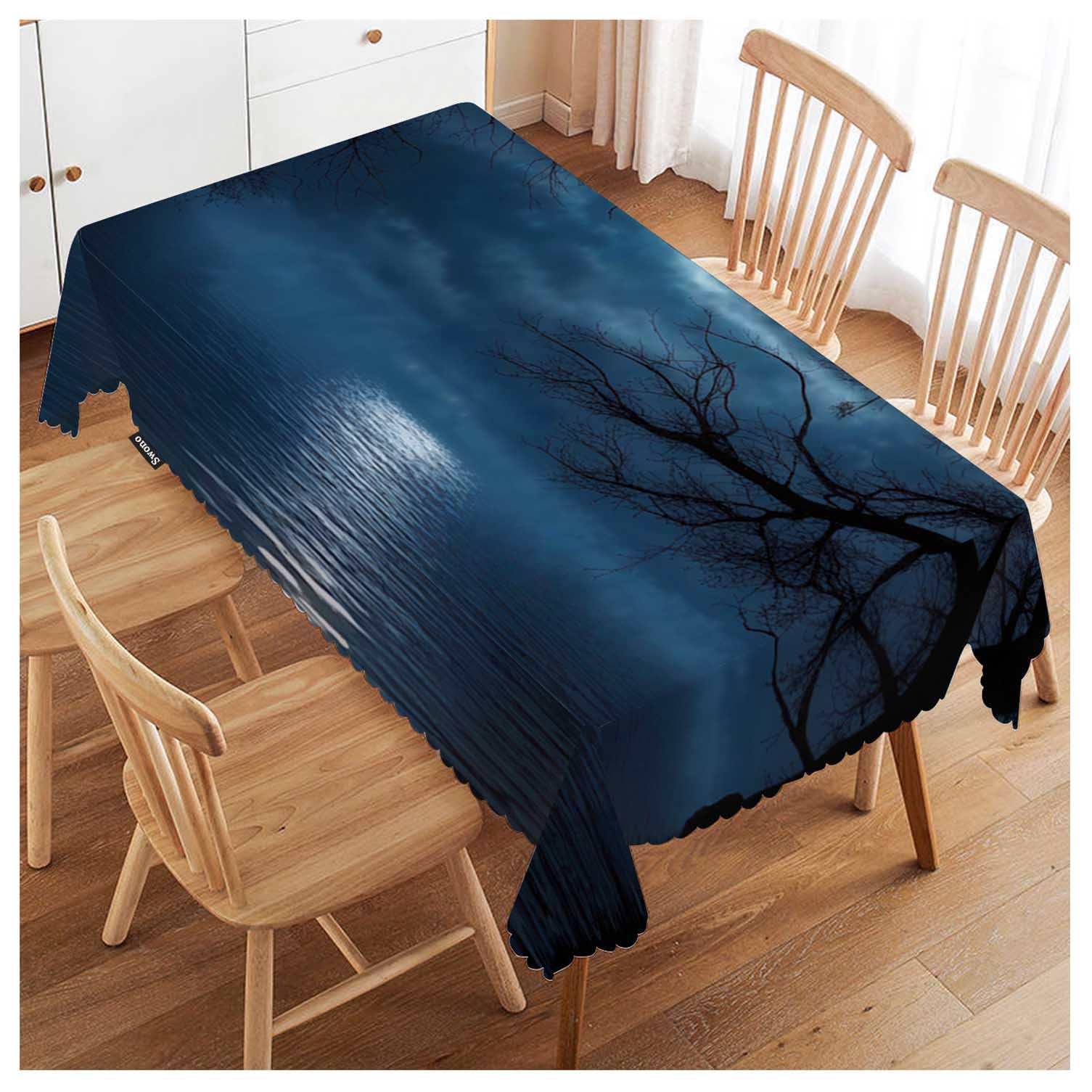 FJQWKLF Tablecloth Full Moon,Lake Full Moon Tree Branches Table Cloth for Kitchen Dining Tabletop Decoration Parties Weddings, 52 X 70 Inch Rectangle Tablecloth