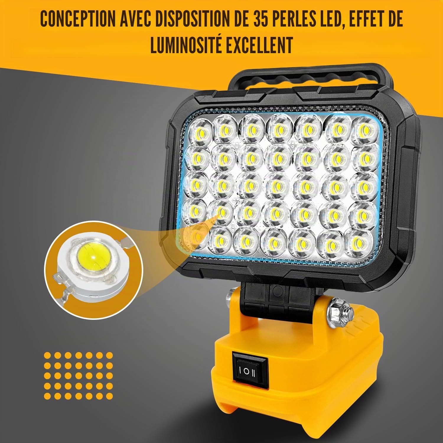 Lampe LED sans fil pour batterie Dewalt 20 V max (pas de batterie), projecteur LED 35 LED, projecteur de chantier, lampe de garage 105 W, lampe de travail avec double port de charge USB