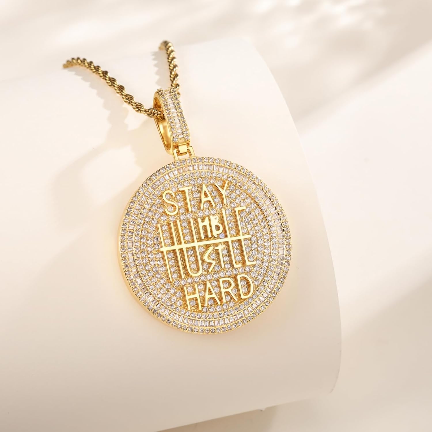 Iced Out Circle Chain Pendant Necklace for Men Women 14K White Gold Plated Bling CZ Diamond Round Coin Encourage Charm with 3mm 24" Rope Chain Hip Hop Fashion Jewelry
