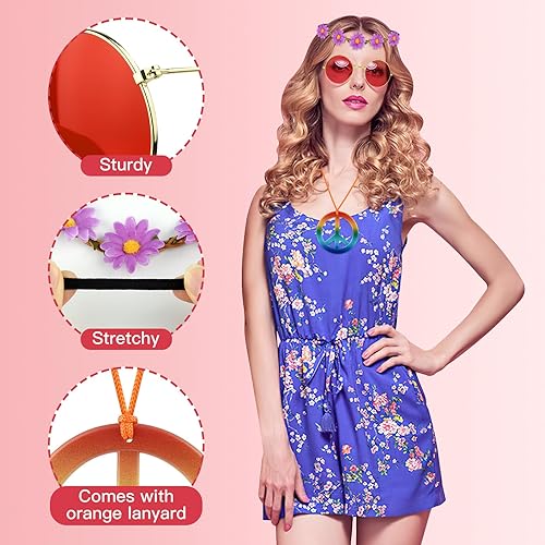 Miniatura 4 de NEBURORA Juego de 18 accesorios de disfraz hippie de los años 60 y 70, juego de accesorios de disfraz hippie con diadema de margarita, collares