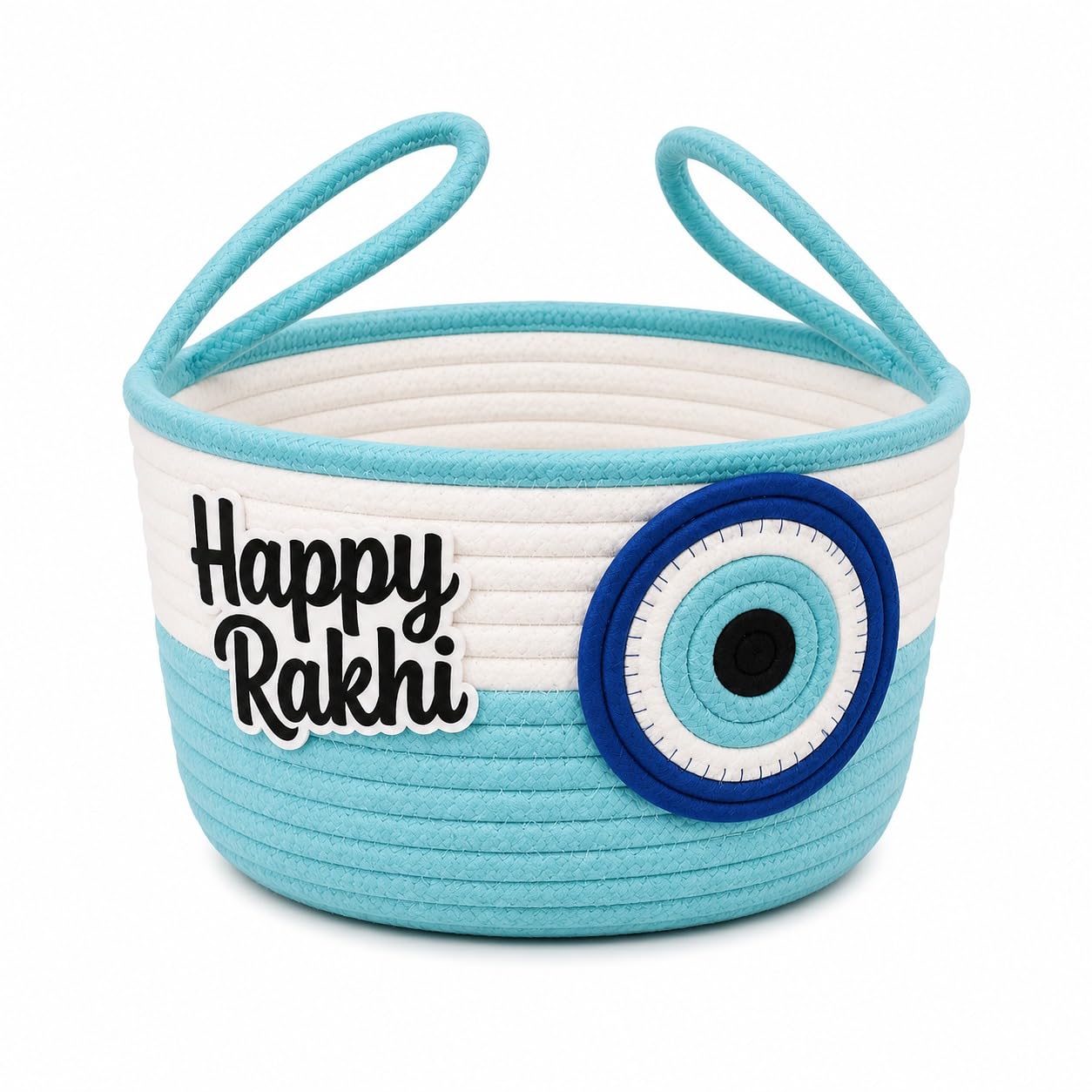 Decorative Cotton Rope Storage Basket with Handles & Evil Eye Design | Multipurpose Organizer Basket for Gifts, Home Decor, Nursery & Rakhi Hampers-image-22