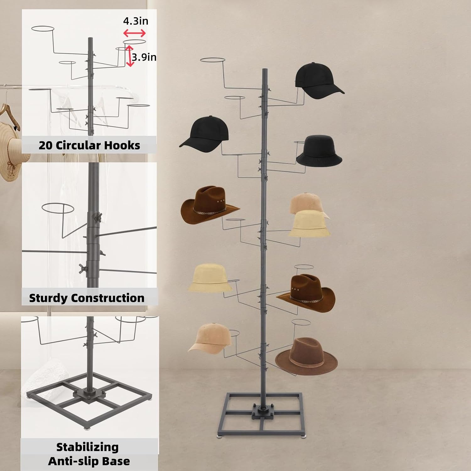 Hat Rack Stand, 20 Circular Hooks, Rotating Hat Display Rack Large Freestanding Metal Hat Organizer for Home Stores (Black, 6ft Tall)