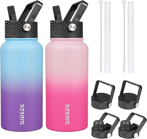 Miniatura 12 de BJPKPK Paquete de 2 botellas de agua aisladas con tapas con pajita, botella de agua de metal de acero inoxidable de 18oz con 6 tapas, jarras a Verde