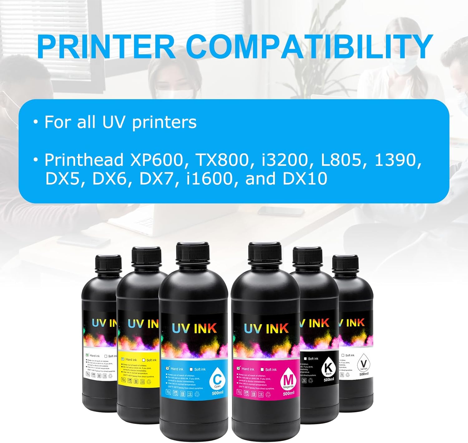 UV Ink for Hard Materials Compatible with Ep XP600 TX800 i3200 L805 1390 DX5 DX6 DX7 i1600 DX10 printhead – for Wood Acrylic,Plastic,Stone Material,etc 500MLx6 (CMYKWV)