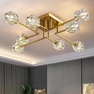 Modern Kistall Halbbündig Deckenleuchte Wohnzimmer,8-Lichter Gold Kristall Kronleuchter, halbbündiger Kristall-Kronleuchter,Luxus Deckenleuchte für Schlafzimmer Esszimmer