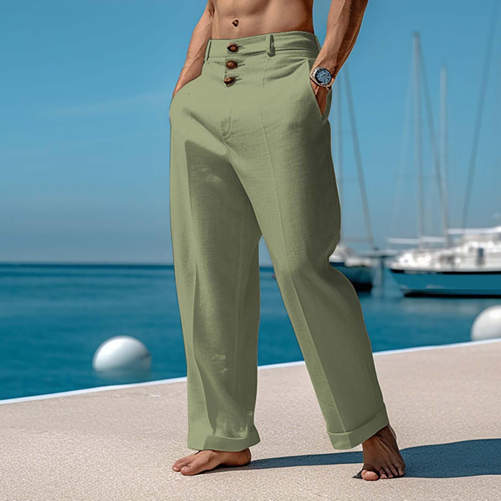 Männer Lazy Leinenhose Leichte Tunnelzug Hose Boardhose mit Elastischen Bund Loose Fit Strandhose Beachhose für Urlaub Strand Casual Baumwolle Hose Sommer Strand Hosen Sommer Baumwolle Hosen