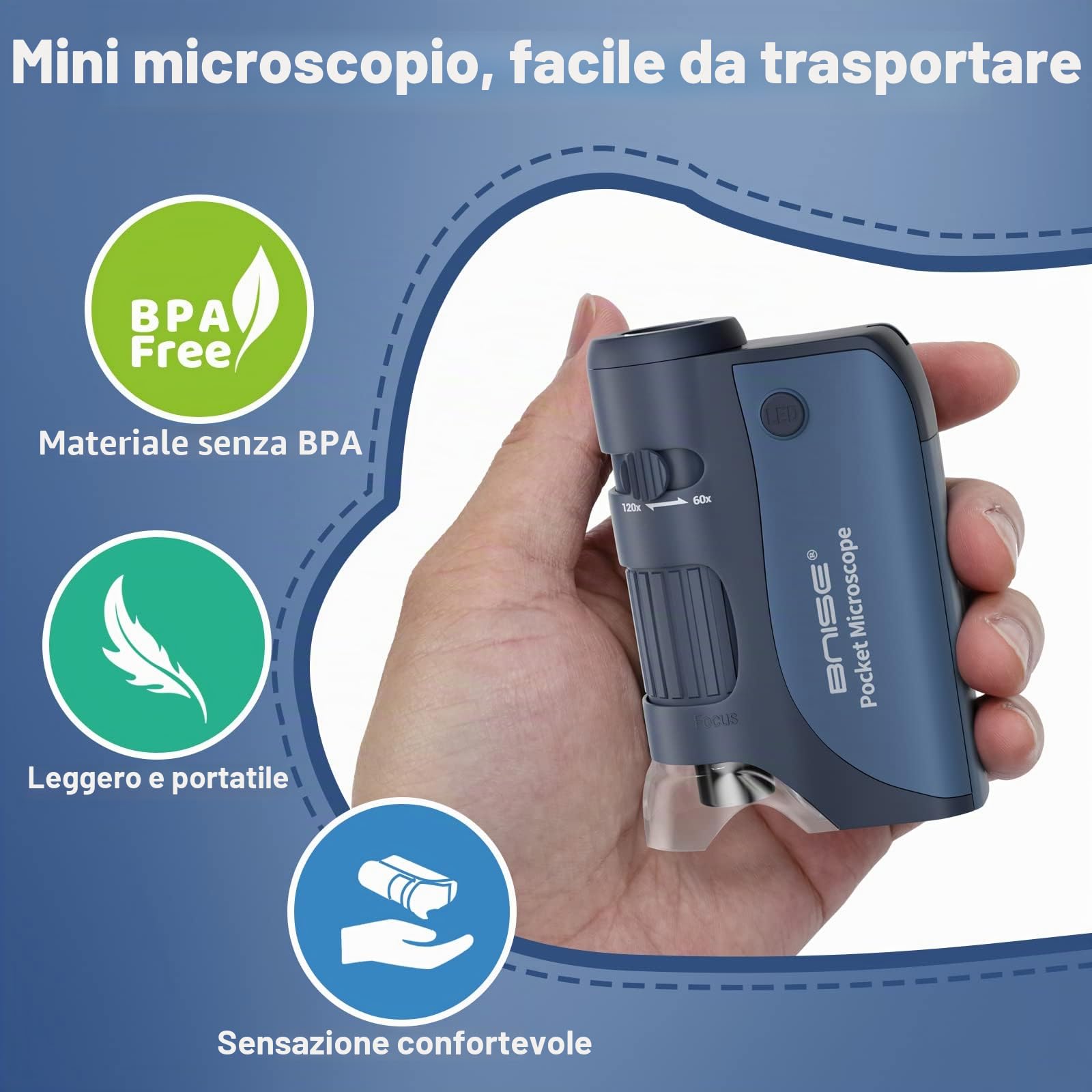 Microscopio tascabile per bambini, microscopi portatili 60X-120X zoom con LED, mini microscopio portatile con 5 vetrini per microscopio per apprendimento, educazione ed esplorazione